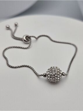 Silver Tone Adjustable Chain Bracelet Pave Rhinestone Ball Charm 9" Sparkly